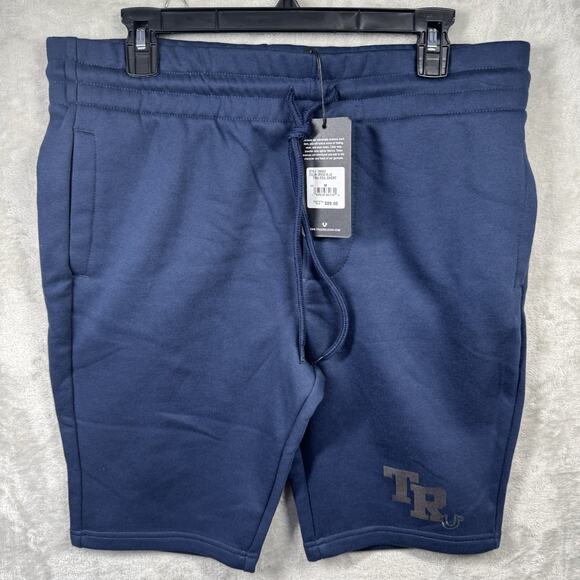 True Religion NEW Men Sweat Shorts 10" M Blue Tru Foil Logo Drawstring Waistband - Picture 1 of 14